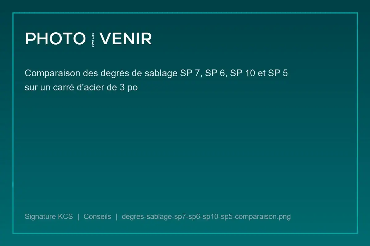 Comparaison des degrés de sablage SP 7, SP 6, SP 10 et SP 5 sur un carré d'acier de 3 po