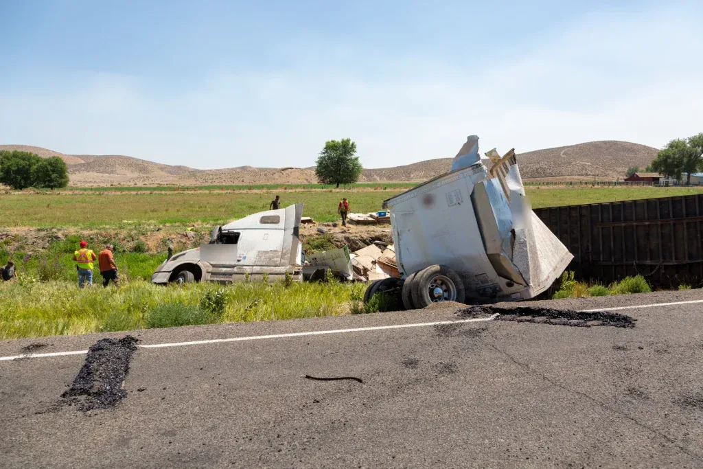 Semi-remorque accidentée en bordure de route, cabine et remorque endommagées