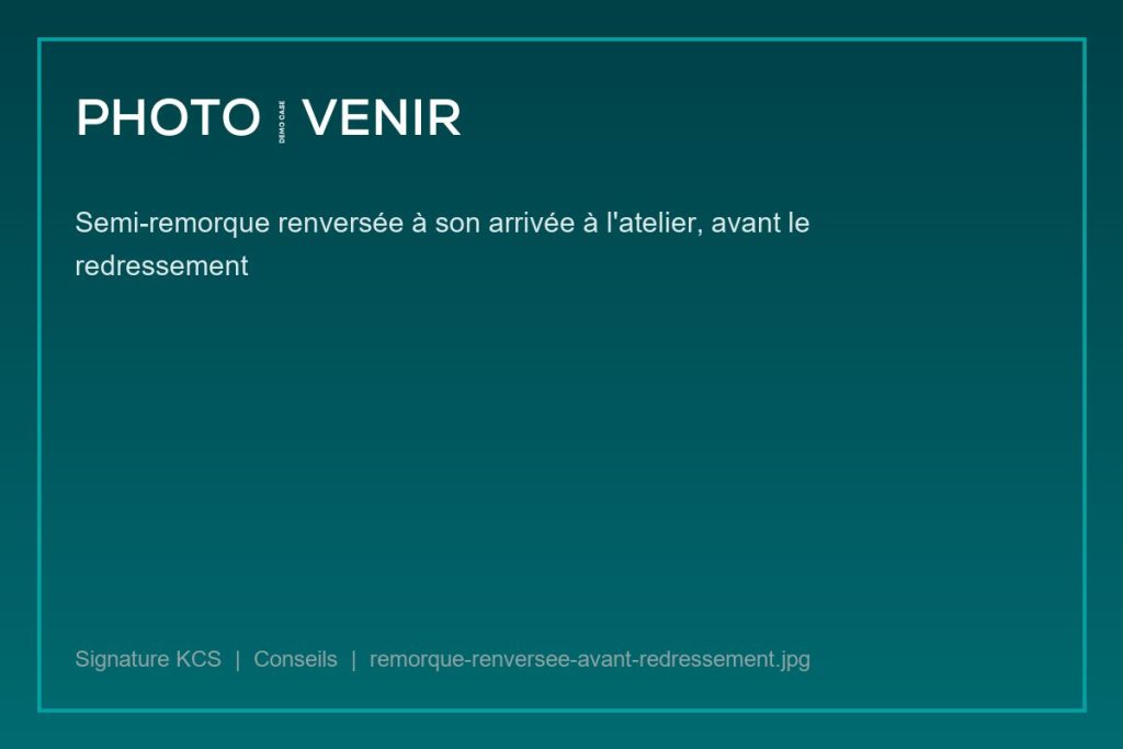 Semi-remorque renversée à son arrivée à l'atelier, avant le redressement